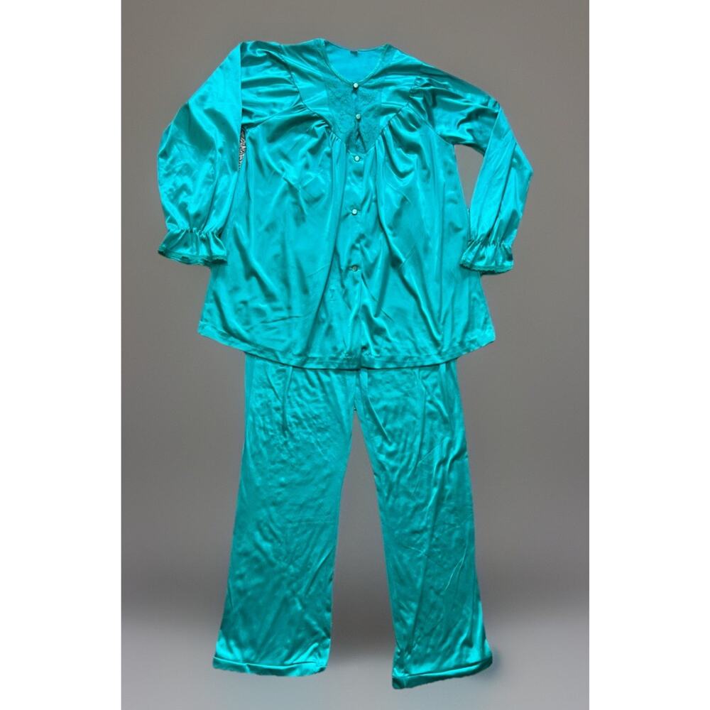 VTG Nancy King Lingerie 2pc Pajama Top & Pants Nylon Satin Silky USA Emerald S